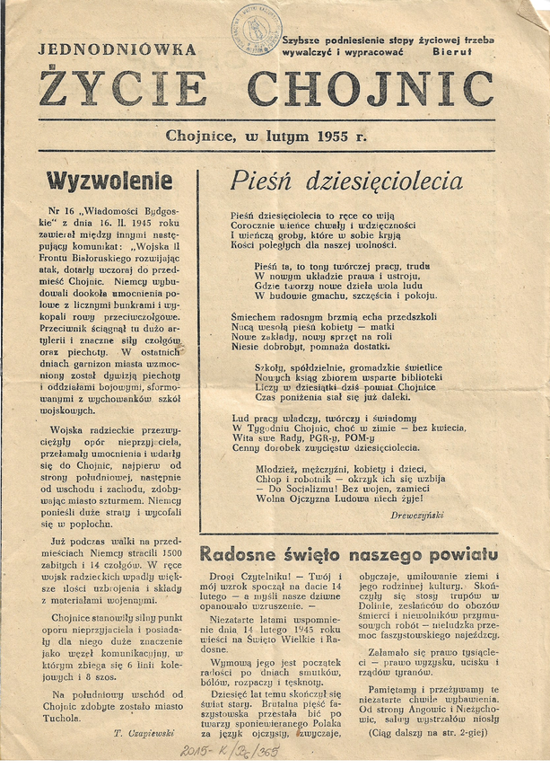 Zdjęcie do newsa „ŻYCIE CHOJNIC” Z 1955 ROKU