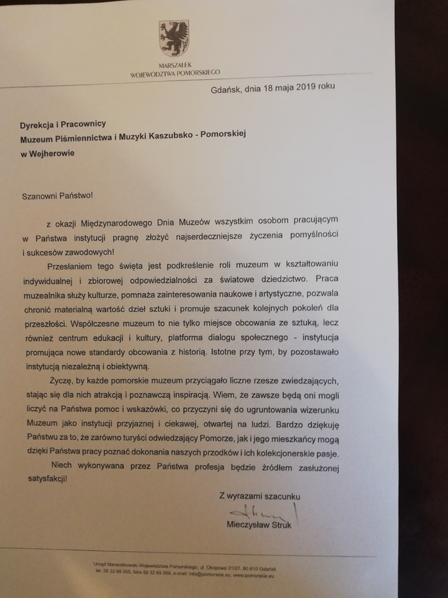 Zdjęcie do newsa Życzenia dla Muzeum od Marszałka Struka